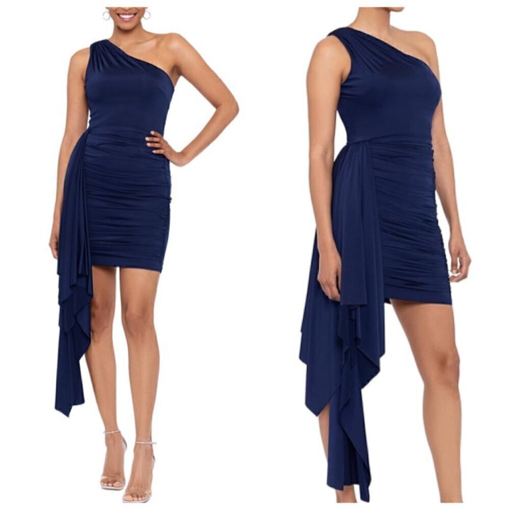 Xscape Women's One-Shoulder Draped Mini Cocktail Party Dress Sz 2 in Navy